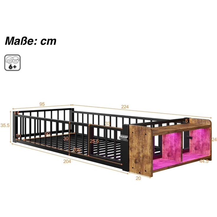 Kinderbett mit LED-Streifen, Regal, Zaun, Lattenrost und Tür, 90x200 cm, Einzelbett mit Rausfallschutz, Metallbett – Bild 6