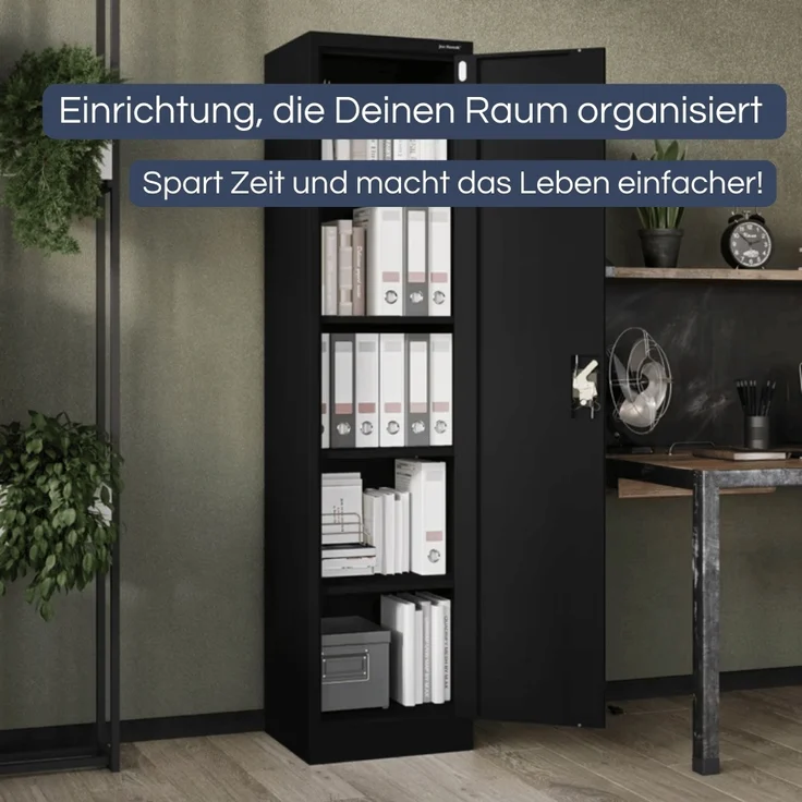 Aktenschrank abschließbar KADO - 5 Ebenen verstellbar, Flügeltüren | Metallschrank Werkstatt Mehrzweckschrank Büroschrank aus Stahl Werkzeugschrank, 185x45x40cm Schwarz – Bild 3