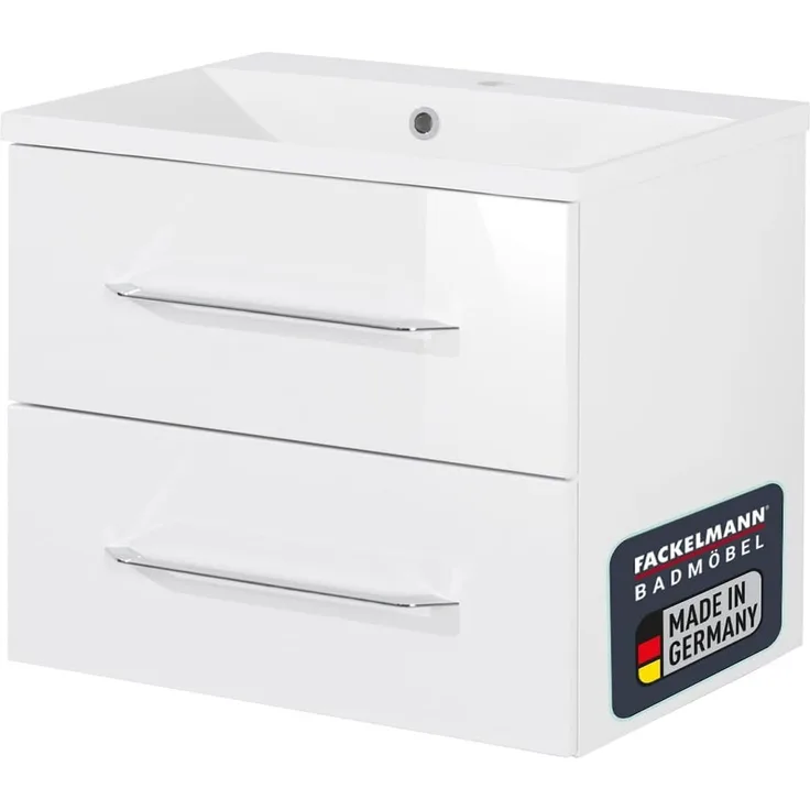 FACKELMANN B.CLEVER Waschbecken mit Unterschrank 60 cm breit, Weiß, Waschbecken Gussmarmor Weiß