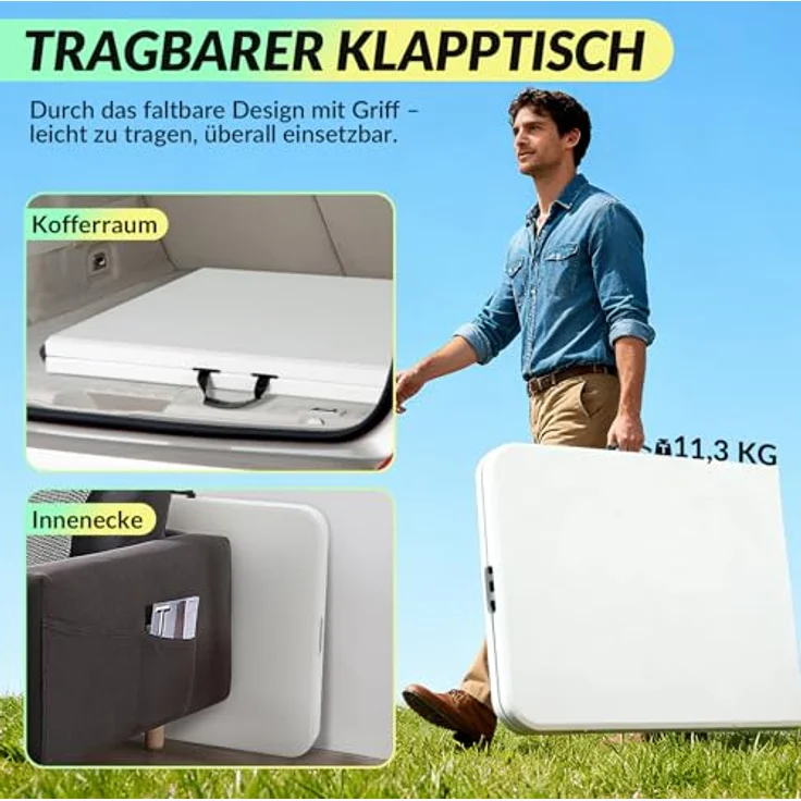 Velway Gartentisch klappbar 180x74 cm Buffettisch - Schneller Einsatz Klapptisch für 6-8 Personen Kunststoff Campingtisch Partytisch mit Tragegriff für Garten Terrasse und Balkon Zusammenklappbar Weiß – Bild 8