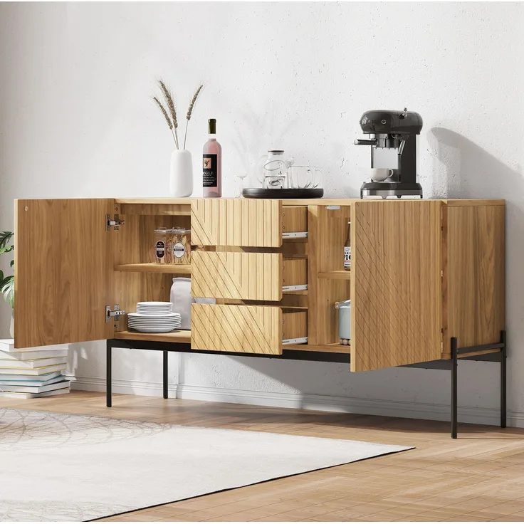 DESVIAE Sideboard mit Schubladen und verstellbaren Regalböden, 150x75x40 cm, Spanplatte, Natur