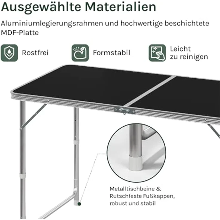 WOLTU Campingtisch Klapptisch Gartentisch Arbeitstisch Balkontisch höhenverstellbar Aluminium MDF Schwarz CPT8122sz – Bild 7