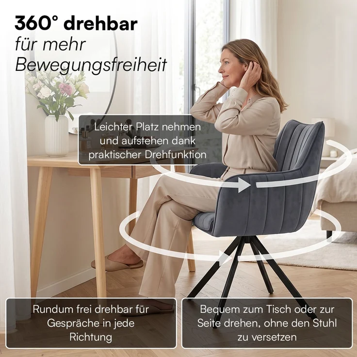 skølm 'Gymir' Esszimmerstühle, 4er Set, anthrazit, gepolsterter Leinenbezug mit Kanalsteppung, drehbar & höhenverstellbar, Polsterstühle mit Armlehnen, bis 150 kg belastbar – Bild 3