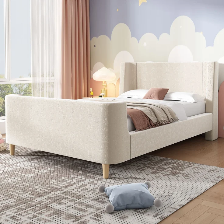 Kinderbett Schlittenbett, Samt mit Weltraum-Muster & Lattenrost, 99x212x76 cm, Beige, ohne Matratze – Bild 4
