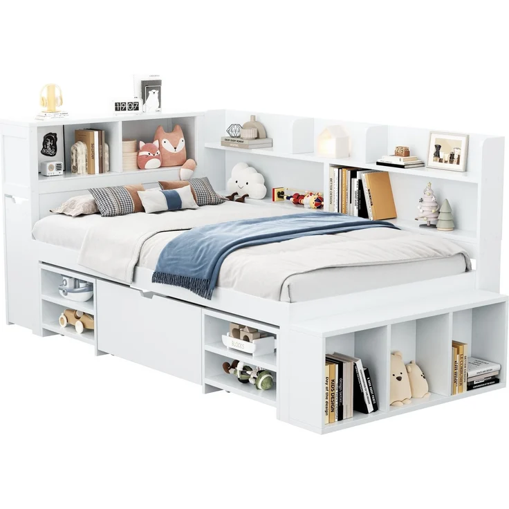 Merax Kinderbett mit Schubladen, Bücherregal & Stauschrank, mit Lattenrost, ohne Matratze, Plywood weiß, 90 x 200 cm – Bild 10