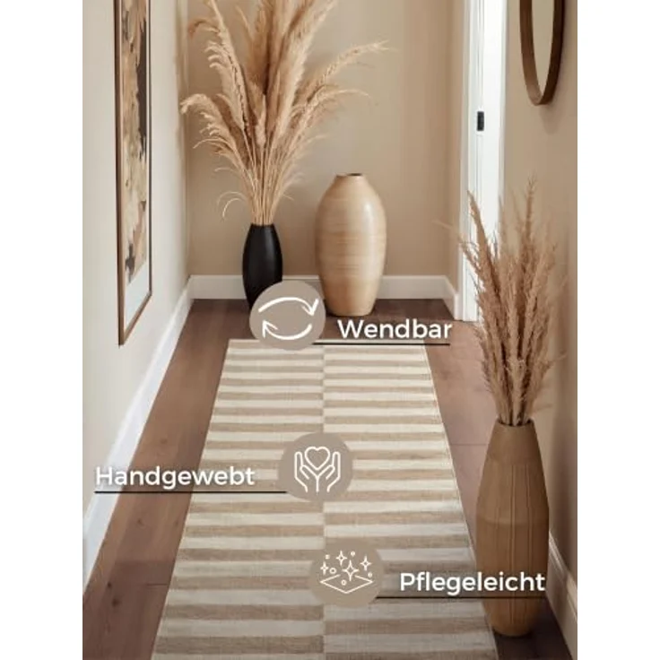 Hanse Home Wollteppich Vika - Natur Wohnzimmerteppich - Handgewebt & Umweltfreundlich - Streifen Design Wolle Modern für Wohnzimmer, Schlafzimmer, Esszimmer, Flur - Beige Natur Weiß, 80x200cm – Bild 4