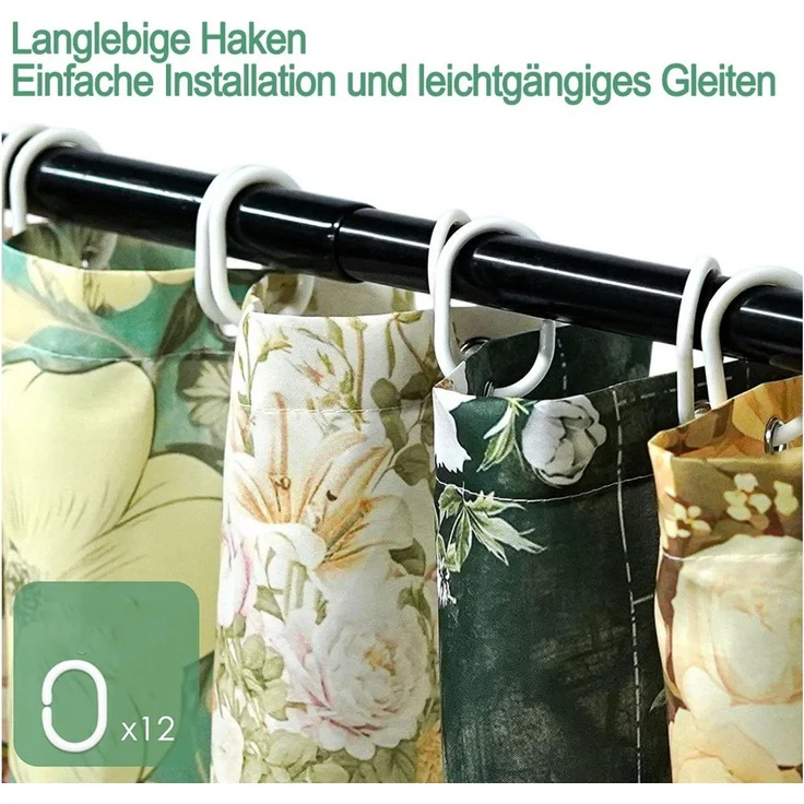 Zyronn Duschvorhang Vintage-Boho-Badezimmerdeko mit rosa Blumen, 80x200cm/180x180cm Breite 180 cm, Patchwork-Blumendesign im Landhausstil, mit 12 transparenten Ringen – Bild 2