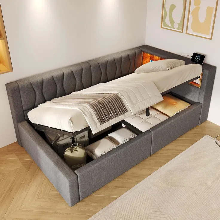 Schlafsofa mit LED-Streifen, Lattenrost, Regal, Rückenlehne, Aufbewahrung, Type-C und USB, 90x200 cm, Polsterbett, Einzelbett, Tagesbett, Leinen