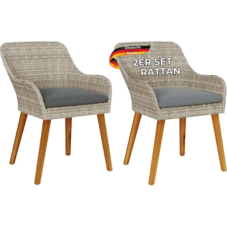 Gartenstuhl EGOS 2er Set Poly-Rattan 62,5x55x82 cm mit Polster Hellgrau | Gartenstuhl Rattan Outdoorstühle Balkonstühle