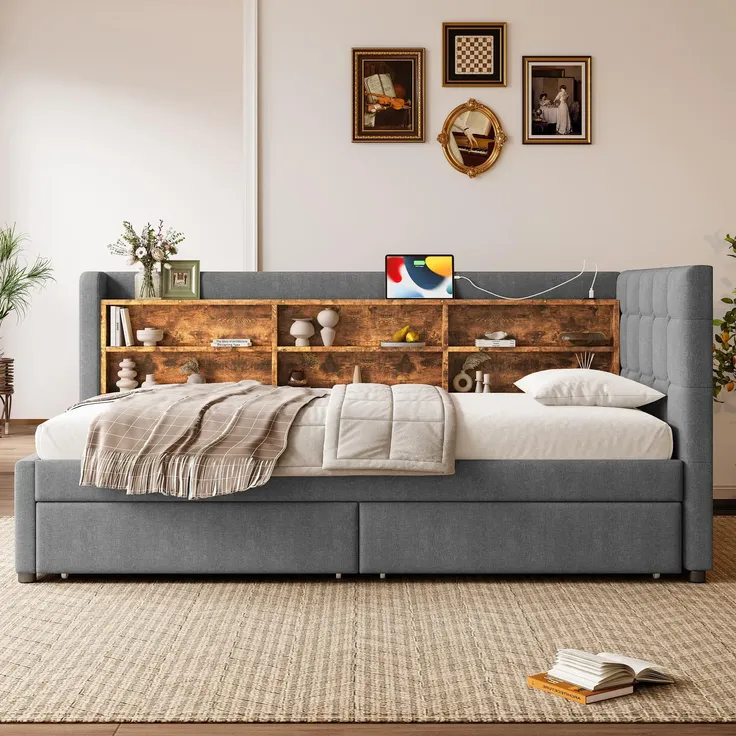 Stauraumbett mit Schubladen, Lattenrost, Regal, USB und Type-C Anschluss, 90x200 cm, Einzelbett, Polsterbett, Leinen – Bild 2