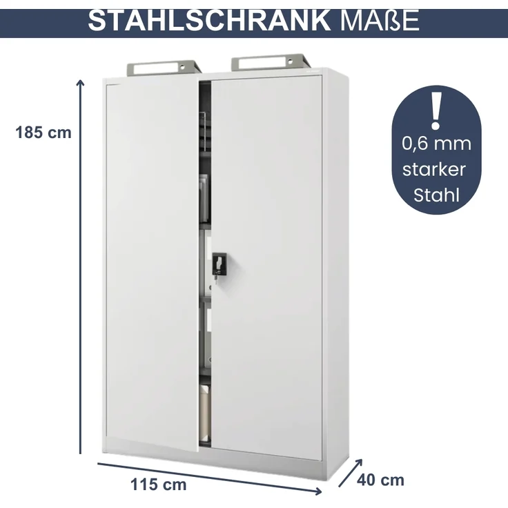 Aktenschrank abschließbar KADO - 5 Ebenen verstellbar, Flügeltüren | Metallschrank Werkstatt Mehrzweckschrank Büroschrank aus Stahl Werkzeugschrank, 185x115x40cm Grau – Bild 2
