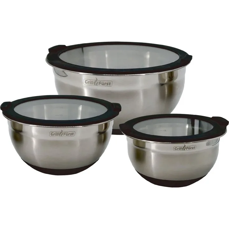 Grillfürst Servierschale Grillfürst BBQ Edelstahlschüssel Set mit Glasdeckel