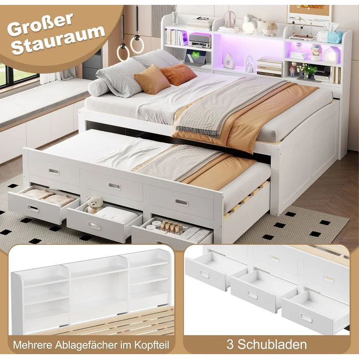 Schlafsofa, Daybett, Tagesbett, 140 x 200cm, Mit LED-Leuchten, 3 schubladen, Nachttischablage, Multifunktionales ausziehbares bett mit usb+type-c, Ohne matratze, Weiß – Bild 4