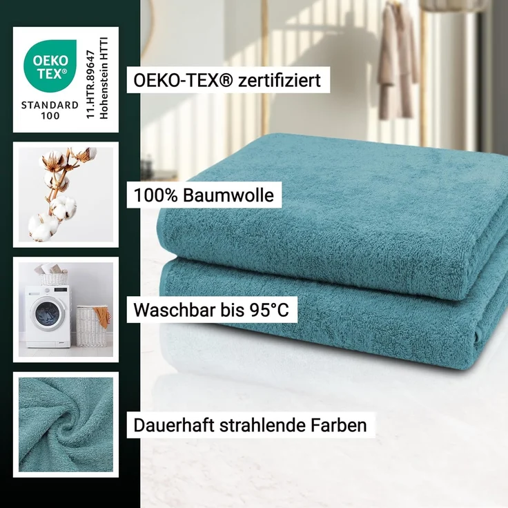 ZOLLNER 2er Set Badetücher, 100% Baumwolle, 100x150 cm, 420g/qm, petrol – Bild 3