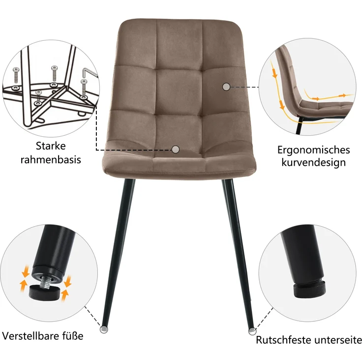 Essgruppe 5-tlg, Esstisch 140x80x75 cm & 4 Samtstühle in Grau/Schwarz & Braun – Bild 6