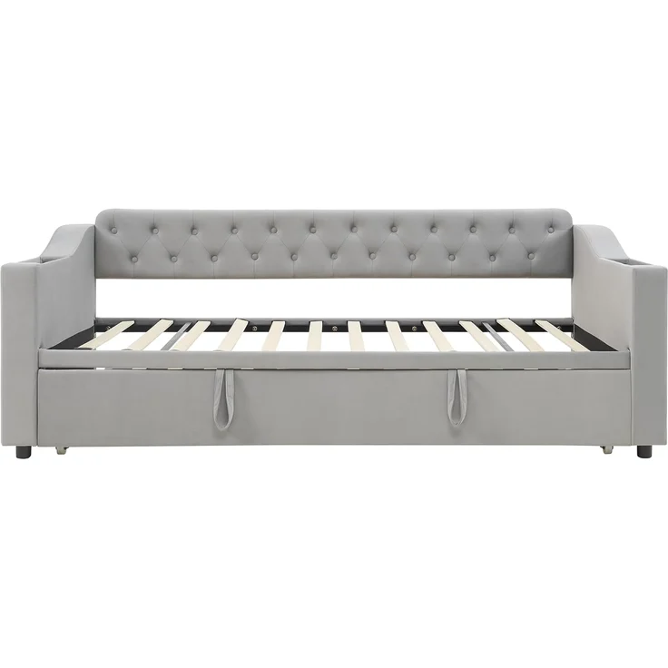 Ball & Cast Polsterbett Schlafsofa, 90/180 * 190 cm, Breitere und Dickere Armlehnen mit USB-Ladeanschluss, Integrierte Ablage in den Armlehnen, Mit Ablagetaschen, Mit Lattenrost, Samtstoff, Grau – Bild 5