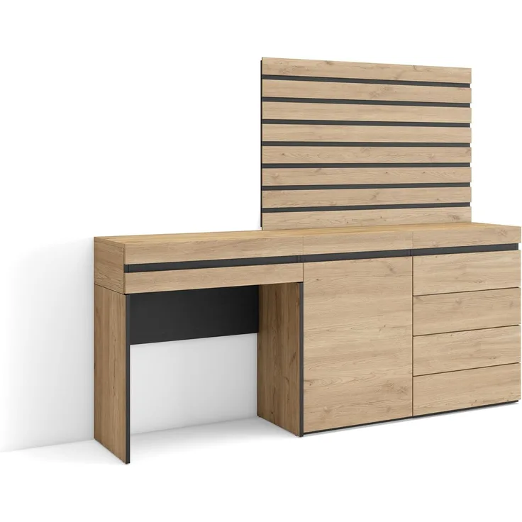 Skraut Home | Schminktisch | Frisiertisch mit Stauraum | 177 x 145 x 35 cm | mit Schublade | Kommode mit Schubladen | Lamellenwand Holz | Moderner Stil | Eiche