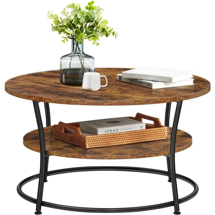 Vasagle Couchtisch rund mit Ablage, Metall/Holz Vintagebraun-schwarz, 45 x 80 x 80 cm – Bild 5