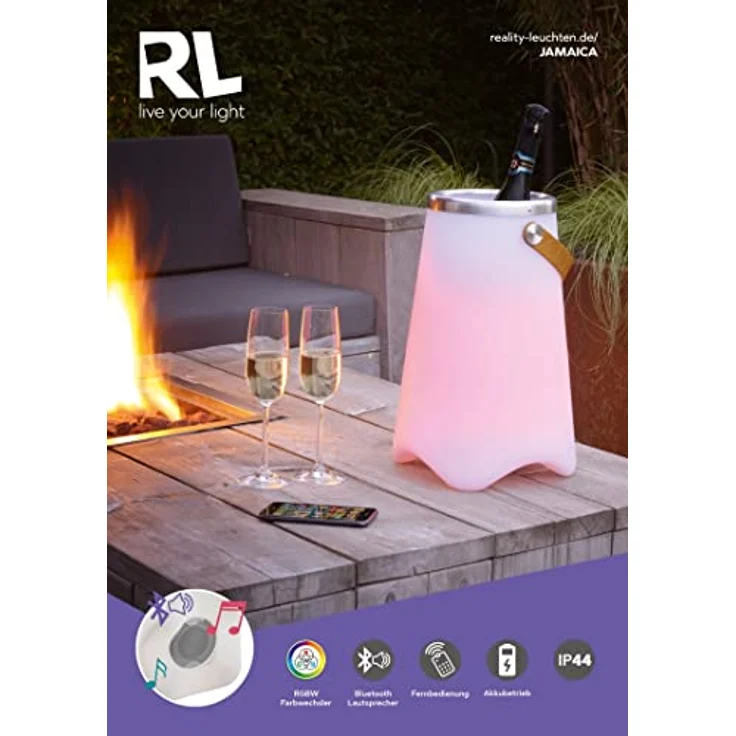 Reality Leuchten LED Außen-Tischleuchte JAMAICA, Bluetooth-Lautsprecher, Farbwechsel, LED fest integriert, Farbwechsler, Outdoor-Sektkühler – Bild 5