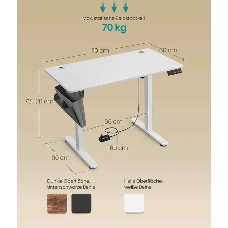 Songmics Höhenverstellbarer Schreibtisch elektrisch, 60x110 x (72-120) cm, Verstellbarer Tisch, Memory-Funktion für 4 Höhen, für Homeoffice, Arbeitszimmer, wolkenweiß LSD131W01 – Bild 2