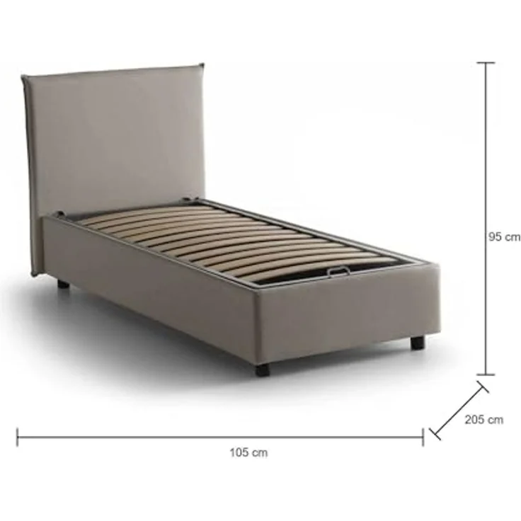 Talamo Italia - Chelsea-Einzelbett, Bettkasten mit Stoffbezug, 100 % Made in Italy, Öffnung vorne, geeignet für Matratze 90x190 cm, Taupe – Bild 2