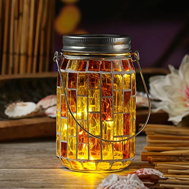 MARELIDA LED Solarleuchte LED Solar Glas Einmachglas mit Mosaik Tischleuchte Lichtsensor gelb, LED Classic, warmweiß (2100K bis 3000K) – Bild 1
