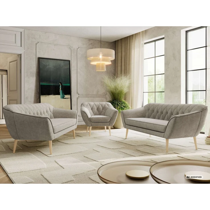 Wohnzimmerset, Möbelset PIRS 3-3-1, Armlehnen, Wellenfederung, Buche Füße, Dreisitzer Sofas mit Sessel, Polstermöbel Set - Greige Stukture – Bild 1