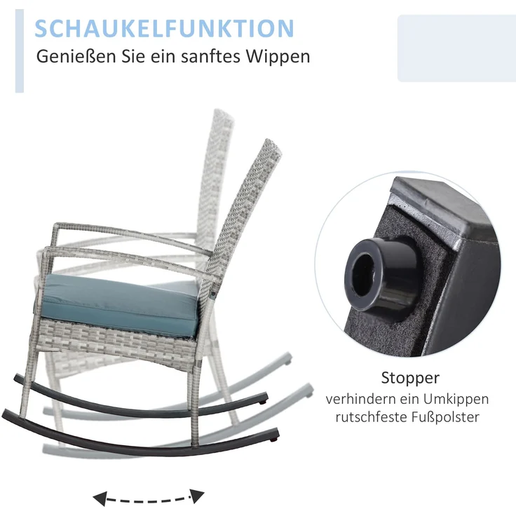 MELAYR, Schaukelstuhl Schwingsessel Gartenstuhl mit Kissen, Polyrattan+Metall, Grau, 66 x 88 x 98 cm – Bild 6