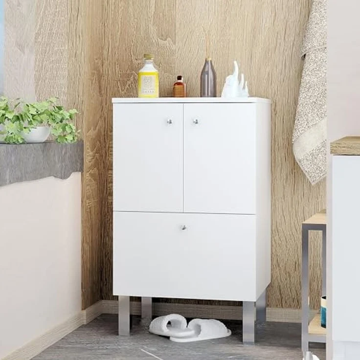 Baikal Badezimmerschrank, Bodenschrank, Aufbewahrung für Badezimmer oder jeden Raum, 2 Türen und Schublade, ideal für kleine Toiletten, zusammengebautes Möbelstück, 2 Türen + Schublade, 51 cm, Weiß – Bild 1