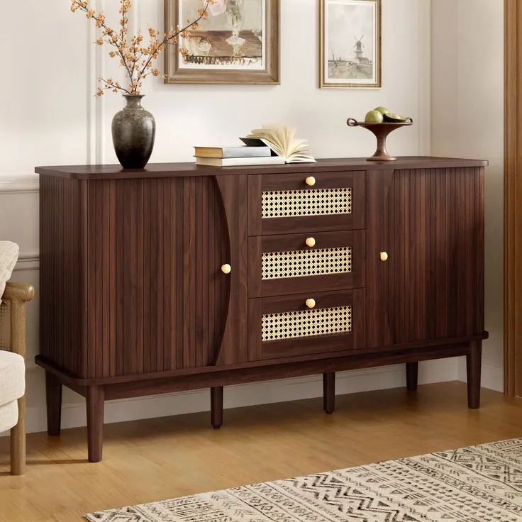 Sideboard 141 x 40 x 77 cm aus MDF mit Rattanschubladen und Schiebetüren