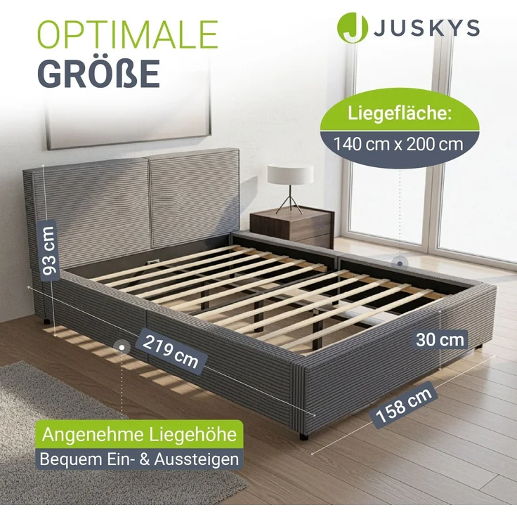 Juskys Polsterbett Salerno 140 x 200 cm – Cord Grau, modernes Bett mit Kopf- & Fußteil, stabilem Holz- & Metallrahmen, Lattenrost, 500 kg Tragkraft – Bild 3