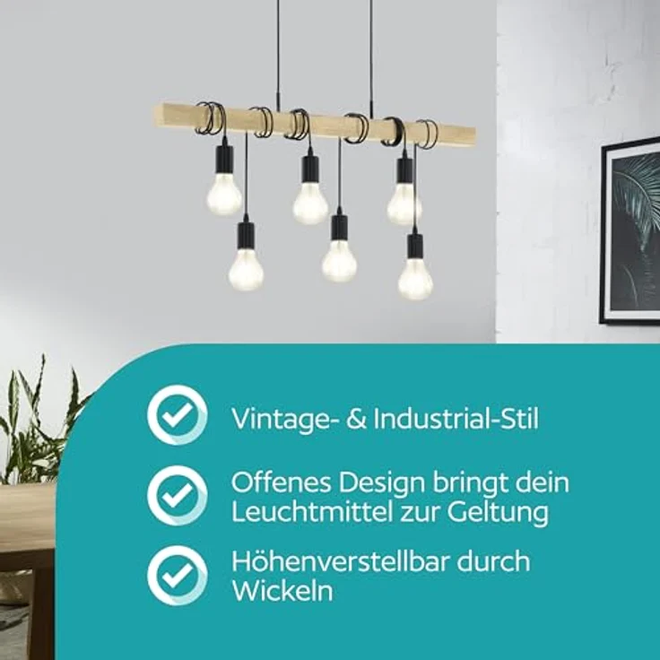 Eglo 95499 Pendelleuchte Townshend Stahl schwarz, Holz braun E27 6X40W L:100cm H:110cm dimmbar – Bild 3