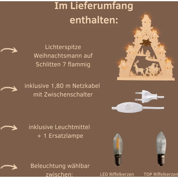 Weigla LED Schwibbogen Weihnachtsmann auf Schlitten, Lichterspitze aus Holz, Made in Germany (1-tlg), Erzgebirge garantiert, Weihnachtsdeko Innen, Weihnachtsbeleuchtung – Bild 2