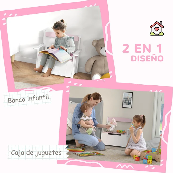 JARDJ Kinder-Aufbewahrungsbank mit Rückenlehne und Soft-Close-Deckel, Tragkraft 30 kg, für Spielzimmer, 68,5 x 34 x 58 cm, Rosa und Weiß – Bild 6