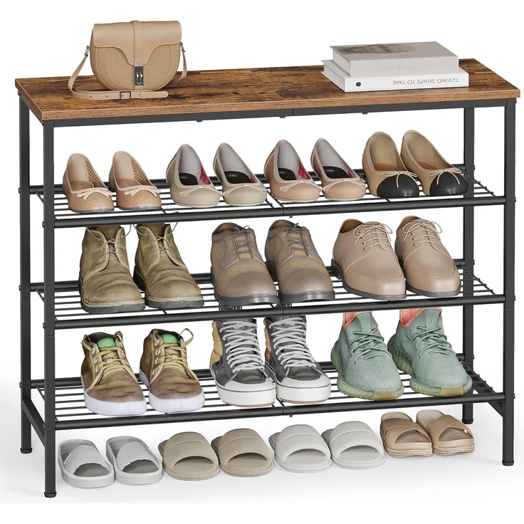 VASAGLE Schuhbank, Schuhaufbewahrung, Schuhregal, Metallrahmen, 4 Ebenen, für bis zu 12-16 Paar Schuhe, braun-schwarz – Bild 1