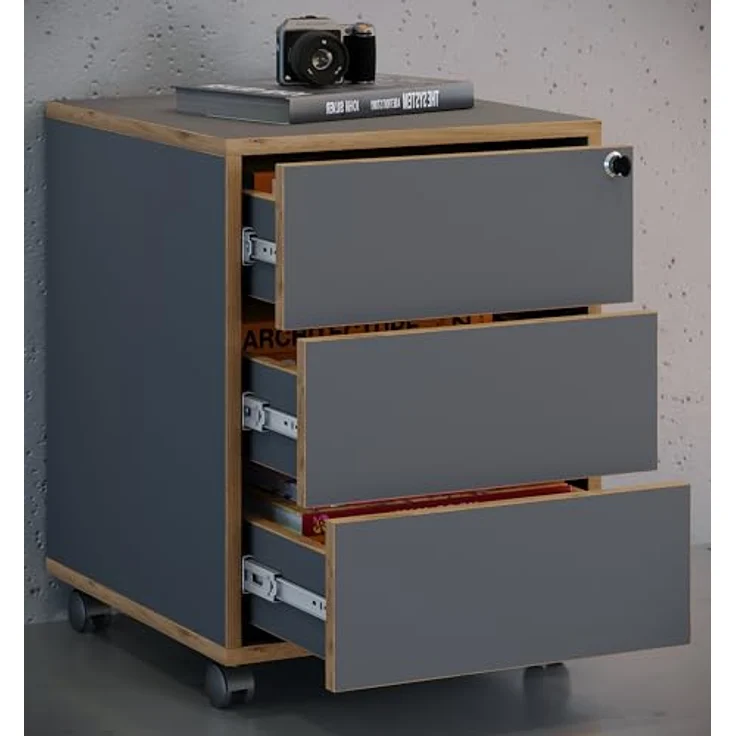 MID.YOU Rollcontainer Anthrazit, Honigeiche, mit 3 Schubladen, griffloses Öffnen, 42x50x45 cm, Holzwerkstoff – Bild 2