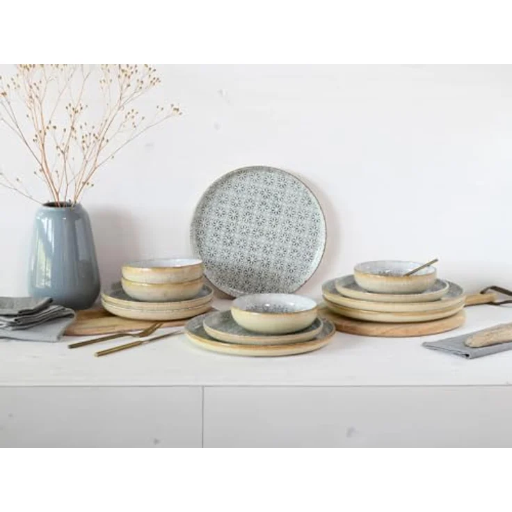 Creatable Tafelservice Uno Emiliana, 12-teiliges Geschirrset aus cremefarbener und grauer Keramik, lebensmittelecht und stapelbar – Bild 3