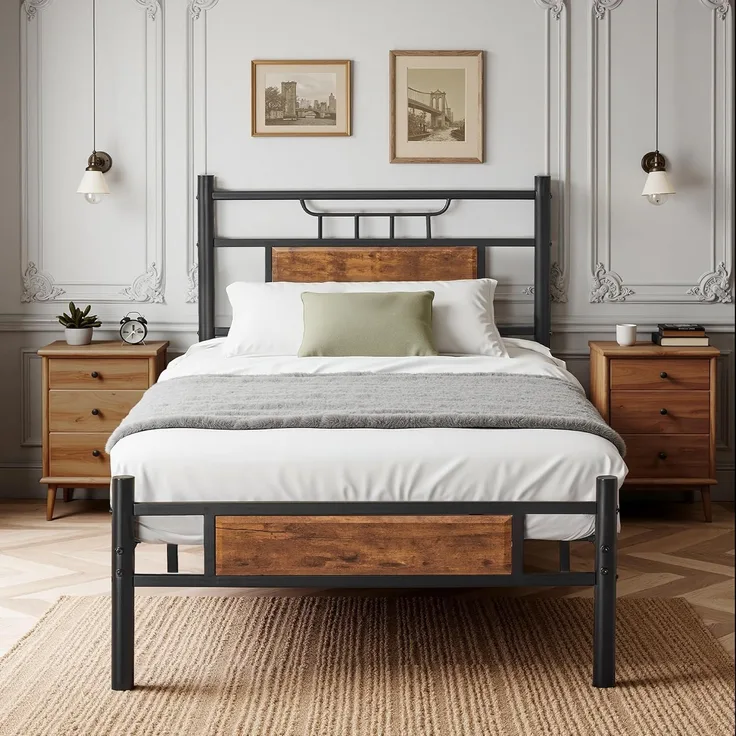VECELO Bett 90x200 cm mit Holzkopfteil, Holz Metallbett mit Lattenrost, Bettgestell Bettrahmen aus Metall, Einzelbett Jugendbett Gästebett, perfekt für Schlafzimmer, Braun
