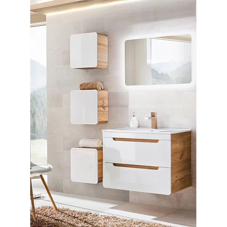 Badmöbel Set Hochglanz weiß, Wotan Eiche Nb. LUTON-56 mit Keramik-Waschtisch & LED-Spiegel, B/H/T ca. 130/200/46 cm – Bild 1