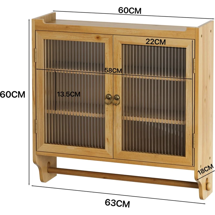 Wandschrank mit Glasfront, 3 Ablagen & Handtuchhalter, 63x18x60 cm, Natur – Bild 5
