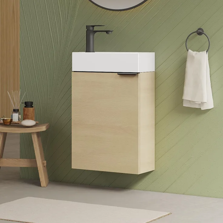 EMKE Waschbecken mit Unterschrank 41 cm, Kompaktes Waschtisch-Set mit Keramikbecken für Gäste-WC & kleines Bad, Waschtisch mit Unterschrank, Eiche