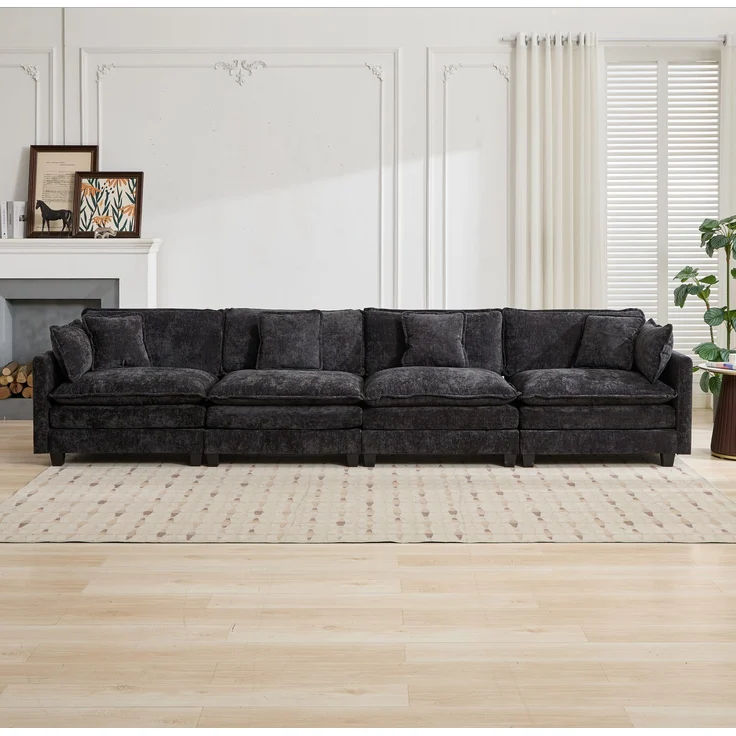 Cloud-Sofa 4 Sitzplätze (ohne Stuhlschläger),moderne Kombinationssofa für Wohnzimmer Schlafzimmer und Wohnung bequeme Doppel-Kissenkissen 80 % atmungsfreier Schneier Stoff,Schneier Stoff,schwarz, – Bild 2