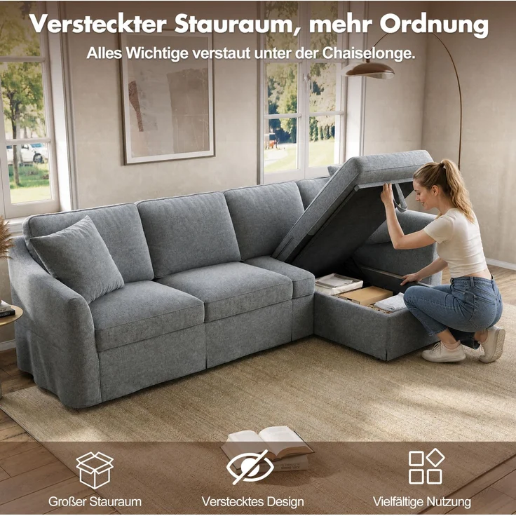 DESVIAE Sofa L-Form Grau aus Leinenoptik – 274x83x128,5 cm – Stauraum-Chaiselongue – Bild 4