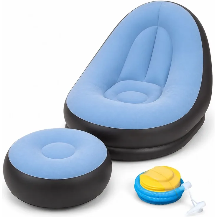 Aufblasbares Loungesofa mit rundem Hocker, Blau, 116 x 98 x 83 cm, mit Fußpumpe, Hocker 62x31 cm