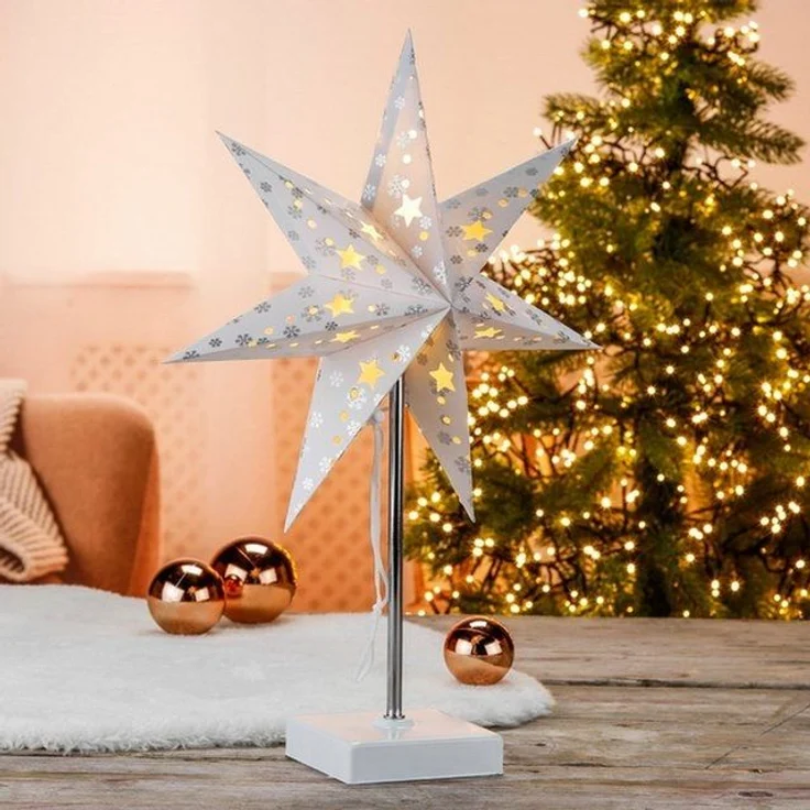 Haushalt International LED Tischleuchte Papierstern leuchtend mit silber Schneeflocken, warmweiß, mit 8 warm-weißen LEDs – Bild 2