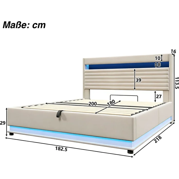 Polsterbett mit LED-Streifen, Stauraum, Schrank, USB und Type-C, 180x200 cm, gepolsterter Kopfteil mit Schrank, Einzelbett, Stauraumbett, Leinen – Bild 6