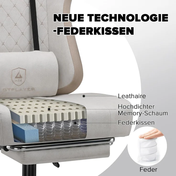 GTPLAYER Gaming-Stuhl Ergonomischer Gaming Sessel Schreibtischstuhl mit Stoffoberfläche (Pacekung), Federsitzkissen mit Fußstütze – Bild 4