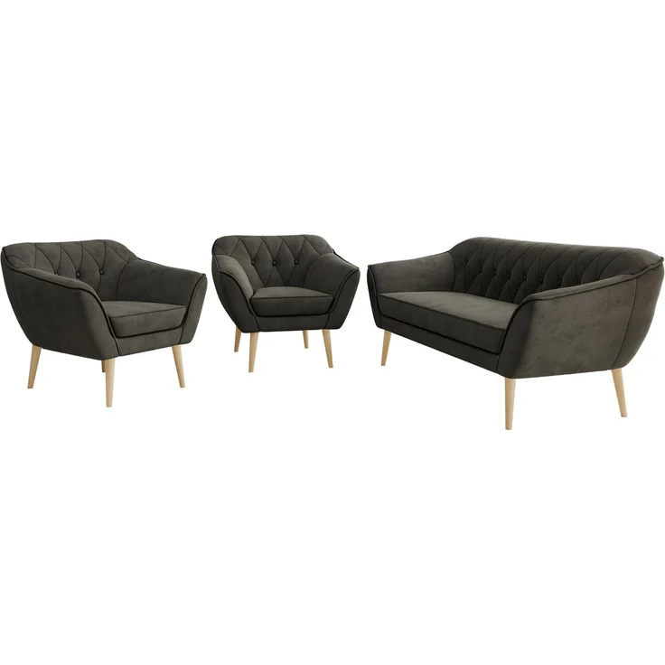 Wohnzimmerset PIRS 1-1-3, Skandinavisches 3-Sitzer Sofa mit Sesseln, Sofa mit Wellenfederung, Buche Füße, Skandinavisches Möbelset - Dunkelgrau Velvet – Bild 7