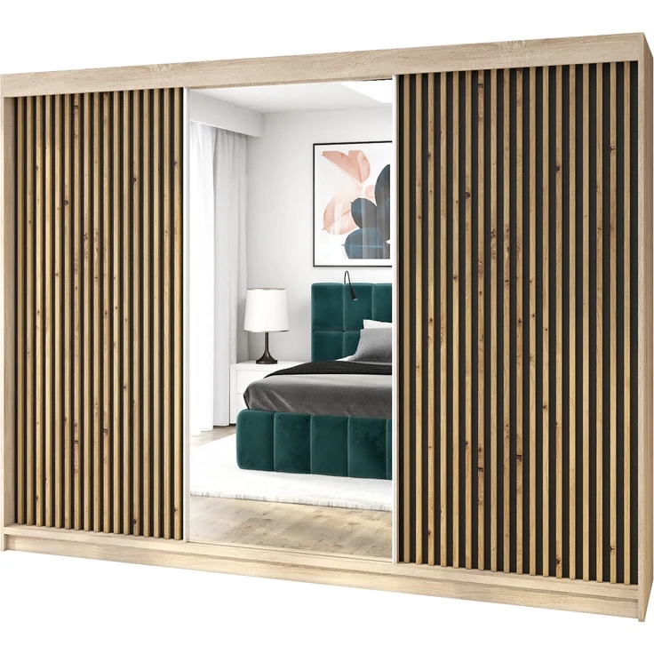 A&J MöbelLand Schwebetürenschrank FARA 200 cm, mit 4 Schubladen, Spiegel, 3D Lamellen – Bild 2