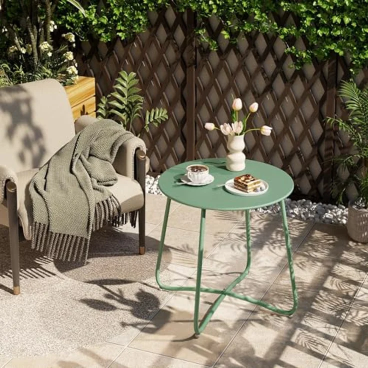 eSituro Beistelltisch rund, Balkontisch Gartentisch, Kaffeetisch Couchtisch Sofatisch Wohnzimmertisch, Kleiner Tisch für Wohnzimmer Balkon Terrasse Garten, aus Metall, φ45xH45 cm, Grün – Bild 3
